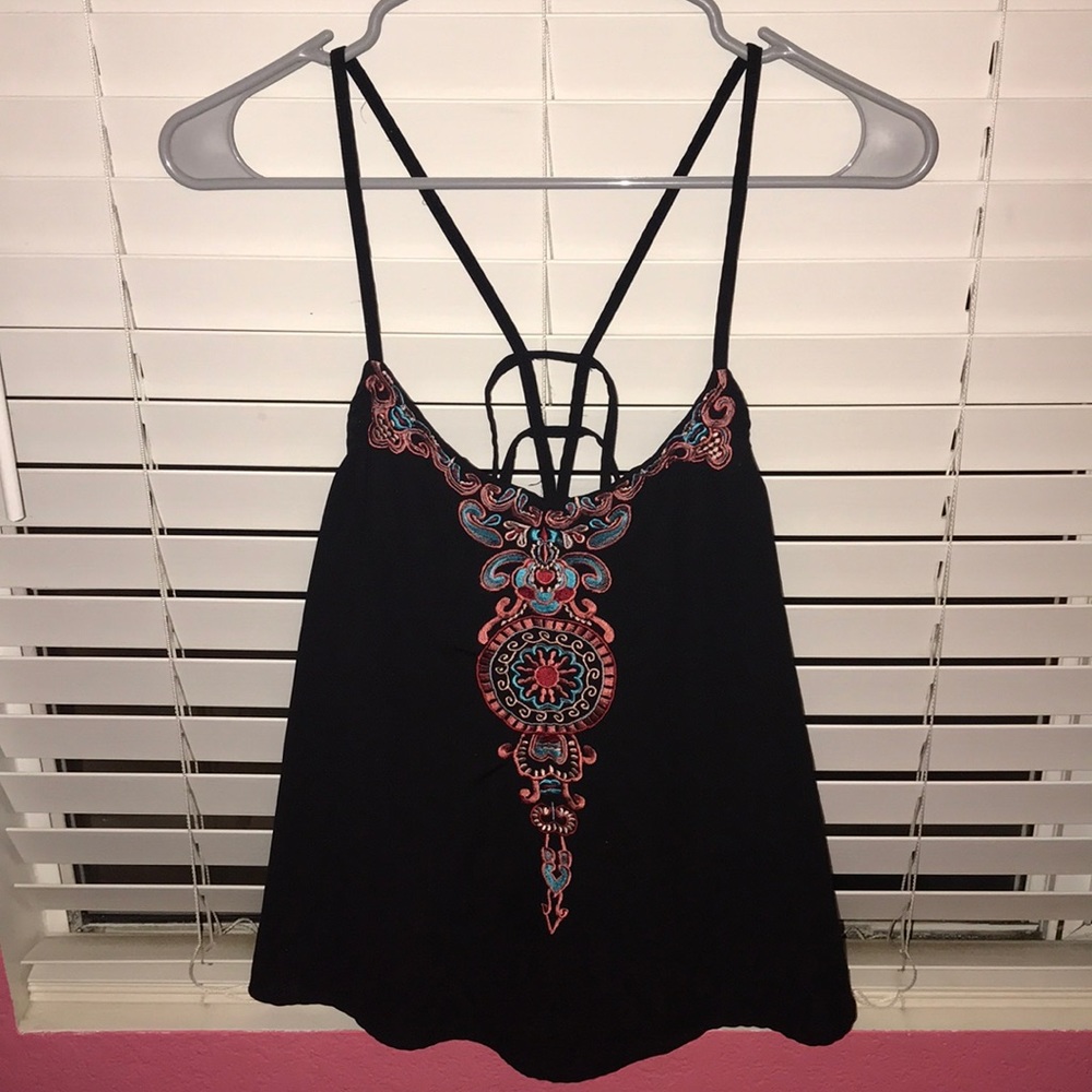 Black Embroidered Strappy Tank Top
